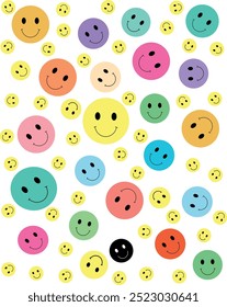 Patrón inconsútil de caras diversas sonrientes coloridas. Ilustración vectorial para diseños alegres y felices. Perfecto para Fondos de pantalla, telas y fondos.
