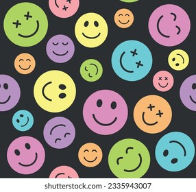 Seamless pattern of colorful smiling faces, vector for fashion, card, sticker, wall art, poster prints, emoticon, emoji, positive vibe