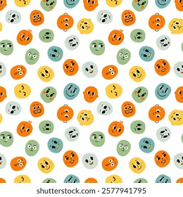 Seamless pattern of colorful smiling faces. Funny smiling cartoon characters. Vector illustration