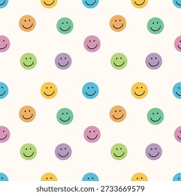Patrón sin fisuras con caras sonrientes de colores sobre un fondo claro. Ilustración vectorial