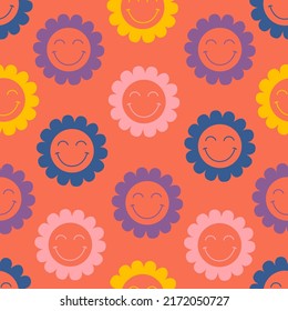 seamless pattern with colorful smiling flowers
