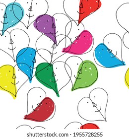 Patrón sin foco con corazones coloridos y sonrientes. Fondo que se puede usar para tarjetas, marcos, como pancartas, para envolturas de regalo, etc.