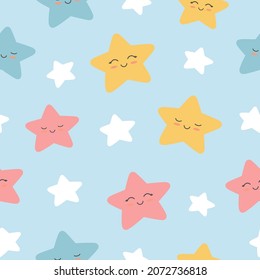 Seamless pattern of colorful smiling stars on blue background. Background for baby design. Vector illustration