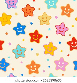 Seamless pattern of colorful smiling stars in kawaii style

