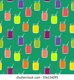 Seamless pattern with colorful smoothies in mason jars with striped straws. Fresh natural healthy fruit and berry drinks. Vector seamless pattern for backgrounds, packaging, textile and other designs.