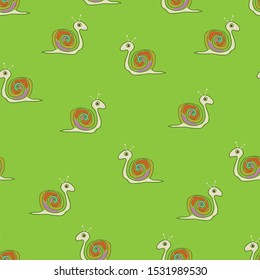 Seamless pattern colorful snail on a green background