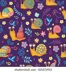 Seamless pattern with colorful snails in cartoon style. Vector illustration.