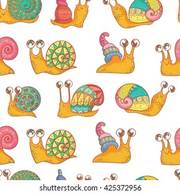 Seamless pattern with colorful snails in cartoon style. Vector illustration.