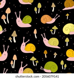 Seamless pattern with colorful snails. Hand drawn vector background. Texture for textile, print, fabric. Cute snails on black background. Nursery decor.