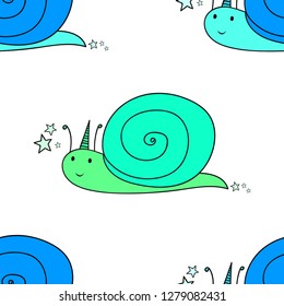 Seamless pattern. Colorful snails with horn. Cute cartoon character. Design element. Decorative background. Vector illustration.