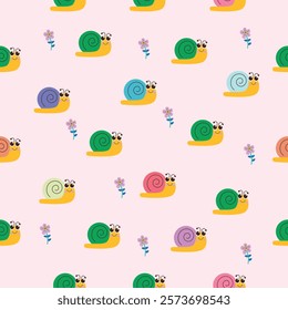 A seamless pattern of colorful snails with spiral shells and small purple flowers on a soft pink background. The snails are depicted in bright, cheerful colors like green, blue, purple, and orange