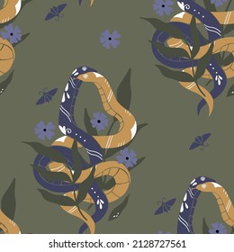 Seamless pattern with colorful snakes and flowers. Vector illustration with hand-drawn reptiles. 