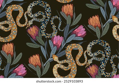 Seamless pattern of colorful snakes intertwined with blooming flowers on a dark background, creating a vibrant and detailed visual