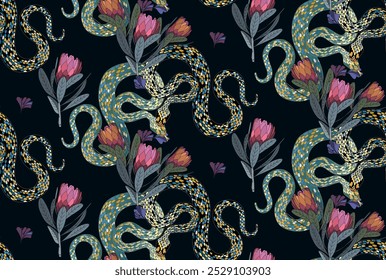 Seamless pattern of colorful snakes intertwined with blooming flowers on a dark background, creating a vibrant and detailed visual