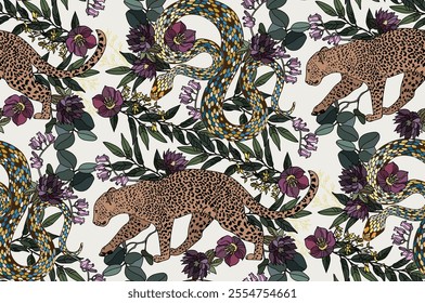 A seamless pattern of colorful snakes intertwined with blooming flowers and leopards against a light background creates a vibrant and detailed visual effect.	