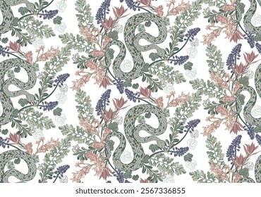  A seamless pattern of colorful snakes intertwined with blooming flowers on a transparent background creates a vibrant and detailed visual effect.