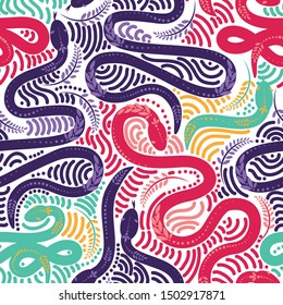 Seamless pattern with colorful snakes and leaves on white background, funky style colors, vector illustration