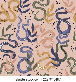 Seamless pattern with colorful snakes and leaves. Vector illustration with hand-drawn reptiles. 