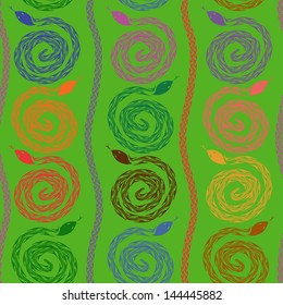 Seamless pattern of colorful snakes on a green background