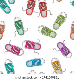 Seamless pattern with colorful sneakers, foot wear, sports background. Top view. Vector illustration