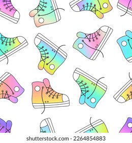 Nahtloses Muster mit bunten Turnschuhen auf weißem Hintergrund. Pastellfarben. Trendsportschuhe. Schuhe zum Training. Cartoon-Stil. Vektorgrafik.