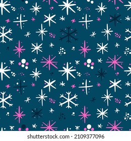 Seamless pattern with colorful snowflake doodles on blue background. Modern design for fabric and paper, surface textures.