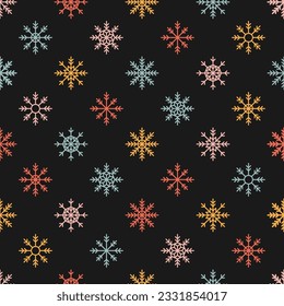 Seamless pattern with colorful snowflakes and black background