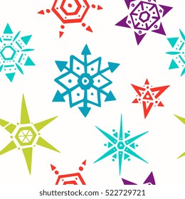 Seamless pattern - colorful snowflakes in different shapes on white background. hand drawn cutout style. Perfect for gift wrapping paper for Christmas. 