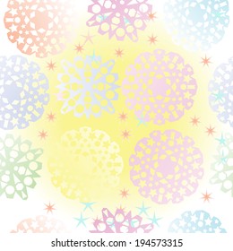 Seamless pattern of colorful snowflakes on  light yellow gradient background.