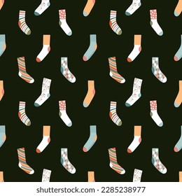 Seamless pattern with colorful socks. Warm accessories with modern patterns. Unisex clothes in neutral colors. Retro muted palette and black background. Vector illustration