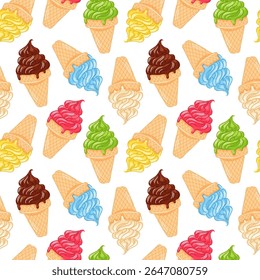Seamless pattern of colorful soft ice cream cone in waffle in cartoon style. Perfect for summer food packaging, kid textile, print and dessert cafe wallpaper.