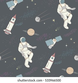 Seamless pattern with colorful space, astronaut, rockets and satellites