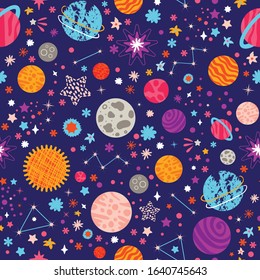 Seamless pattern with colorful space with planets, comets, constellations and stars. Night sky hand drawn astronomical elements. Cute design unisex illustration. Dominant purple and blue.