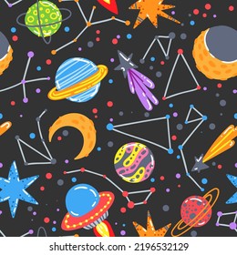 Seamless pattern with colorful space, planets, comets, constellations, ufo and stars. Night sky hand drawn doodle astronomical background. Vector art