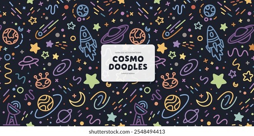 Seamless pattern with colorful space-themed doodles on dark background