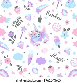 Seamless pattern with the colorful, sparkling unicorn and magical elements. Vector illustration.