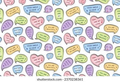 Seamless pattern with colorful speech bubbles on white background. Cute stickers with motivational compliment phrases, love quotes. Vector illustration for wrapping paper, decor, cards, backgrounds