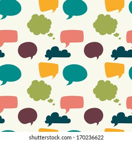 Seamless pattern with colorful speech and thought bubbles on polka dot background.