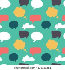Seamless pattern with colorful speech and thought bubbles. Flat style background.