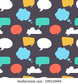 Seamless pattern with colorful speech and thought bubbles. Flat style background.