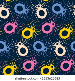 Seamless pattern with colorful spider silhouettes. Abstract ornament, graphic surface design, simple print with outline insects. Multicolored spiders crawl on blue background. Vector illustration.