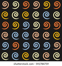 Seamless pattern with colorful spirals on a dark background. Beautiful abstract illustration.