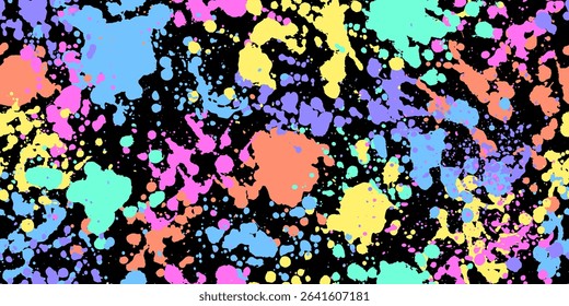 Seamless pattern with colorful spots, blobs. Abstract paint drops. Bright vibrant colors.
