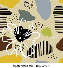 Nahtloses Muster mit farbigen Flecken, weißer Rahmenblume, Punkten, Strichen und abstrakten Formen mit schwarzen Streifen. Cartoon Zeichnung trendige Textur. Einfache Vektorgrafik für den Stoffdruck