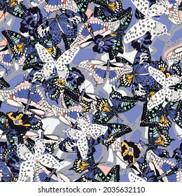 Seamless pattern with colorful spotted wings butterflies. Abstract fabric dots leopard animal ornament. Vector illustration. Insects seamless wallpaper
