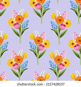 Seamless pattern with colorful spring flowers bouquets on a purple background. Vector illustration