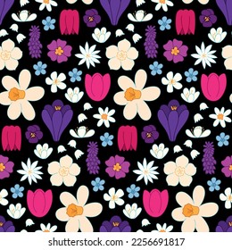 Flores De Primavera Coloridas De Patrón Sin Marea. Fondo para paquetes, medios sociales, textiles, papel pintado, papel de envoltura