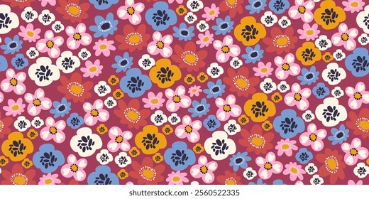 Seamless Pattern with Colorful Spring Flowers. Cartoon stylized summer plants in hand drawn style. Sweet nature design for textile, fashion fabric, home decor, wall art, cards, print