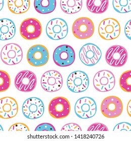 Seamless pattern with colorful sprinkled donuts. Donuts glaze, dessert background. Vector Illustration for holiday designs, party, birthday, invitation.