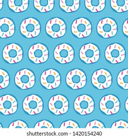 Seamless pattern with colorful sprinkled donuts. Donuts glaze, dessert background. Vector Illustration for holiday designs, party, birthday, invitation.